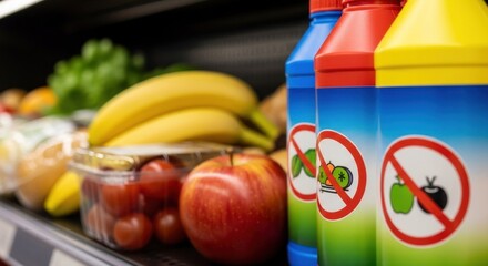 A grocery store shelf with bananas, apples, and other fruits, with a red and blue container of pesticides in the foreground.