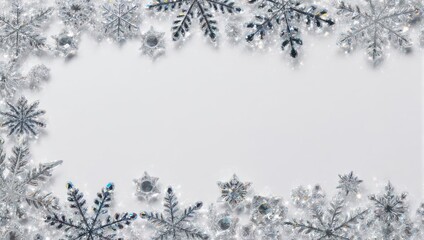 Sparkling Silver and Blue Snowflake Border on White Background.