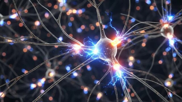Neural Network: An abstract view into the microscopic world, revealing a complex web of interconnected neurons, pulsating with electrical signals and illuminating the intricate network of thought.