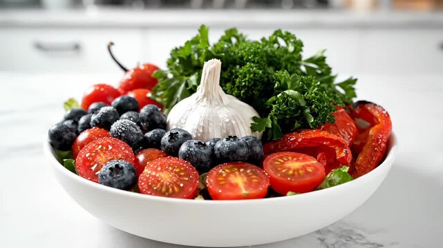 Fresh vegetables in white bowl on marble counter. Tomato and blueberry with garlic and parsley in bowl. Fresh tomato slices with pepper. Healthy organic vegetable in kitchen bowl. Fresh food with