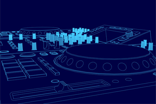 A detailed blueprint of a DJ mixer console on a blue background highlights its electronic components and technical contour.