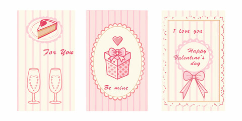 Valentine s day cards with cake gifts and champagne illustrations