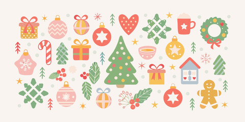 Festive christmas decorations ornaments trees gingerbread and wreaths in a playful pattern