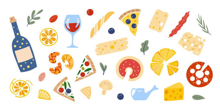 A colorful collection of food items including pizza wine and various snacks