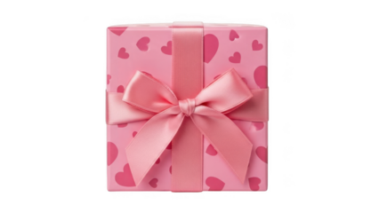 Pink gift box with heart pattern isolated on transparent background