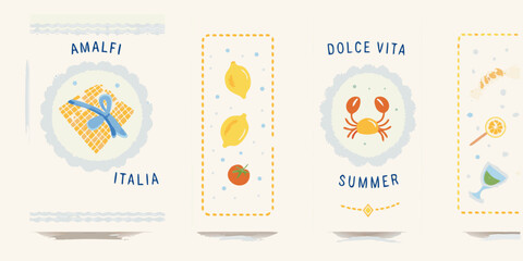 Italian summer themed cards featuring gifts lemons crabs and cocktails © Hridoy