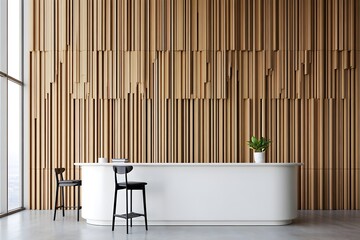 Modern office reception desk with wooden slat wall