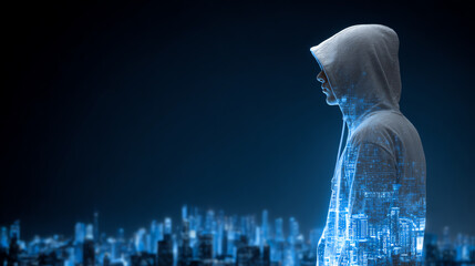 A digital figure blends with a futuristic cityscape, representing the intersection of technology and urban life.