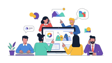 Modern business people in a meeting room using laptop and tablet technology for internet communication and social media network connection within a professional community illustration concept