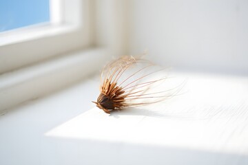 Single brown feather on white windowsill with sunlight