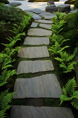 Serene stone pathway through lush green garden landscape