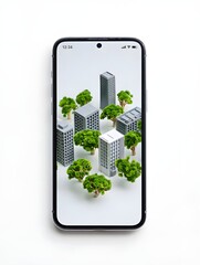 Smartphone displays 3D cityscape with green trees