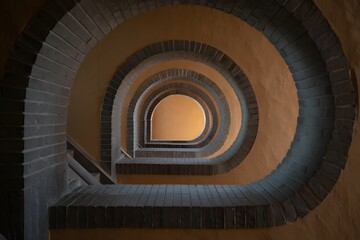 Spiral staircase descends into ancient brick tower