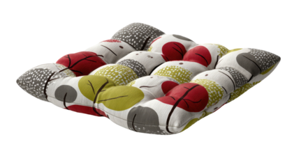 colorful tufted cushion with red green grey abstract leaf pattern soft decorative home textile pillow isolated on white background