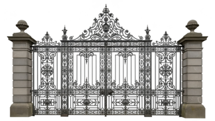 Ornate metal gate with stone pillars isolated on transparent background