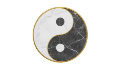 Yin and Yang symbol isolated PNG, marble texture with gold frame on transparent background, balance and harmony concept