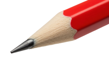 Sharpened red pencil PNG isolated on transparent background, close-up macro shot of graphite tip for drawing and writing