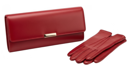 Red leather clutch and gloves isolated on transparent background