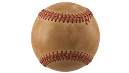 Used baseball with red stitching isolated PNG, worn leather ball for sports equipment and game day, on transparent background