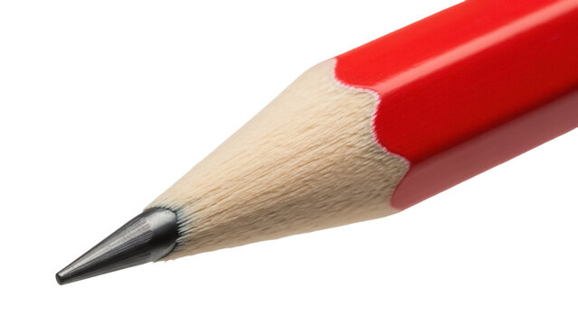 Sharpened red pencil PNG isolated on transparent background, close-up macro shot of graphite tip for drawing and writing