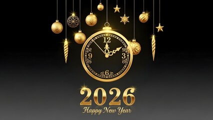 New year 2026 countdown clock with hanging gold ornaments