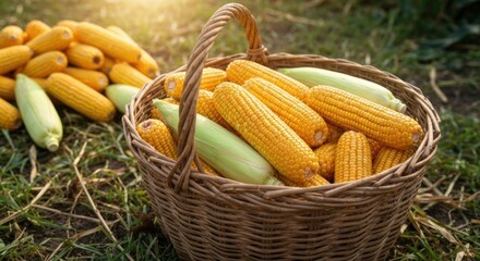 A wicker basket overflowing with fresh corn on the cob, harvest time