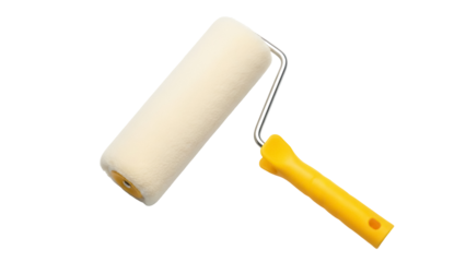 Paint roller with yellow handle isolated PNG, painting tool for home improvement and construction on transparent background