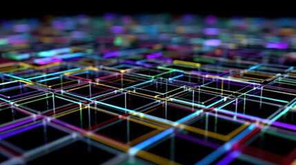 Abstract Digital Grid with Colorful Neon Lines on Black Background
