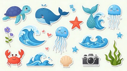 Cute cartoon sea creatures and ocean elements sticker set. Features whale, turtle, crab, jellyfish, starfish, waves, and more. Perfect for kids and marine themes.