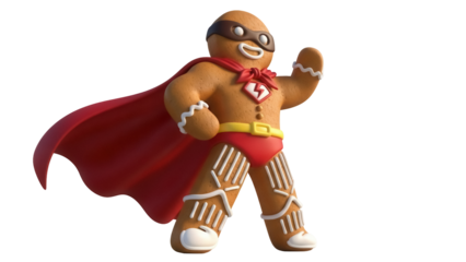 Gingerbread superhero isolated PNG on transparent background, cookie man with cape and mask for holiday design and decoration
