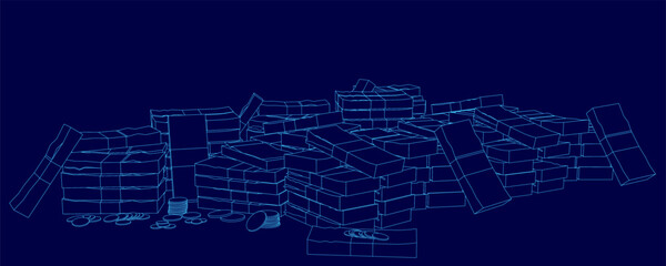 A neat pile of boxes forms a money contour on a stark blue background. This 3D model illustrates financial growth and stacking concepts.