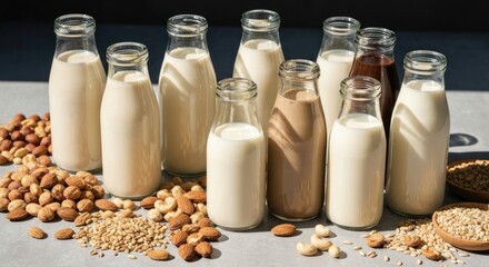 Assortment of glass bottles filled with plant-based milks and ingredients