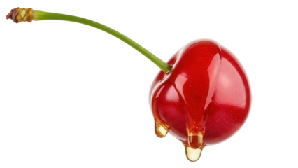 Sweet red cherry with honey dripping isolated PNG, delicious fruit with natural sugars on transparent background for healthy eating