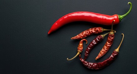 Vibrant red and dried chili peppers on a dark background