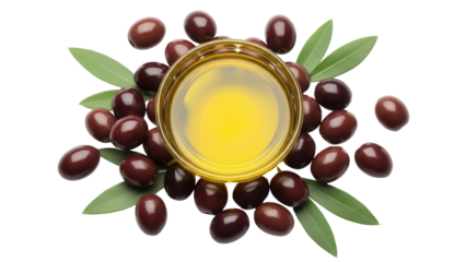 Dark olives and olive oil in glass bowl isolated PNG, healthy Mediterranean diet ingredient on transparent background for cooking and culinary use