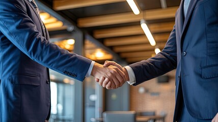 Professional business handshake in modern office environment symbolizing partnership, teamwork, trust and successful agreement