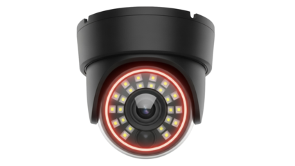Black dome security camera PNG isolated on transparent background, surveillance system for home safety and crime prevention