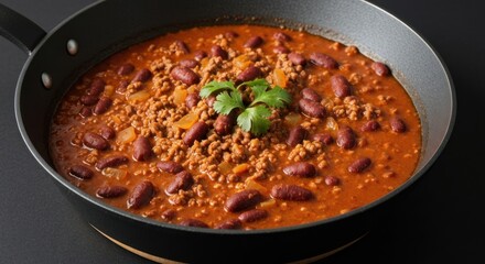 Hearty chili with kidney beans and minced meat in a dark skillet