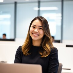 A cheerful young Asian businesswoman smiles confidently while working on her laptop in a bright, modern corporate office environment