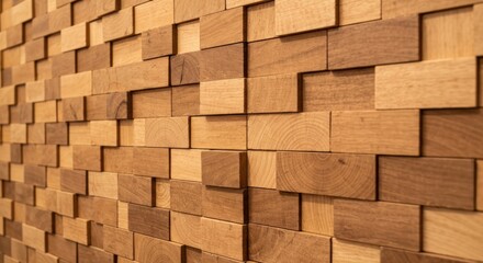 Angled view of a wall composed of wooden rectangular blocks in varying shades