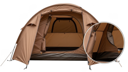 Large beige tent with open doors isolated on transparent background