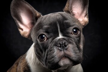 A charming and adorable young domestic animal with large, expressive eyes and prominent, alert ears gazes directly at the viewer. Its short, patterned brindle and white fur is meticulously detailed an