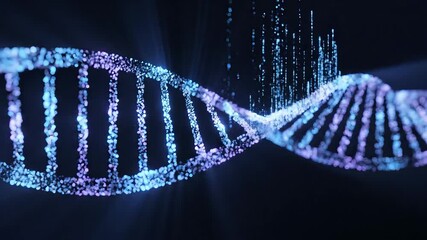 Abstract glowing blue and purple DNA double helix structure rotating in a dark scientific environment representing genetic research biotechnology and the intricate complexity of human biology and mol. - Powered by Adobe