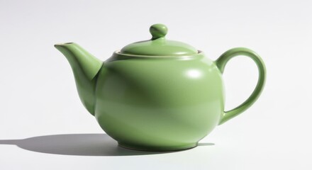 A glossy, green ceramic teapot on a white surface with a shadow