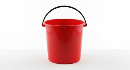 A vibrant red bucket with a black handle sits against a white backdrop