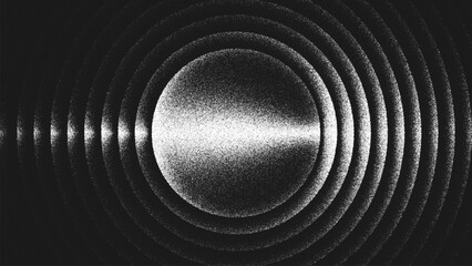 Conceptual abstract geometry with circular focal banner and layered concentric waves in stippling style where directional light and bright highlights create energy movement and spatial depth. Vector