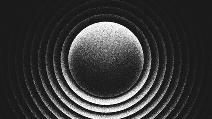 Geometric stippling artwork with recessed circular banner surrounded by concentric wave layers and dramatic light falloff and shadow create depth focus, radial geometry, optical illusion and symmetry