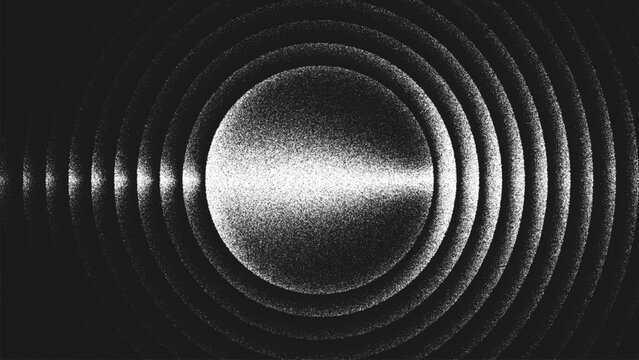 Conceptual abstract geometry with circular focal banner and layered concentric waves in stippling style where directional light and bright highlights create energy movement and spatial depth. Vector