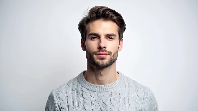 ミニマルな白背景で、白人男性を超高解像度で撮影したポートレート映像です。
ライトグレーのニットと落ち着いた表情が、知性と自信を演出します。