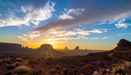 Golden sunset over vast desert landscape with dramatic rock formations and colorful cloudy sky casting long shadows across arid terrain